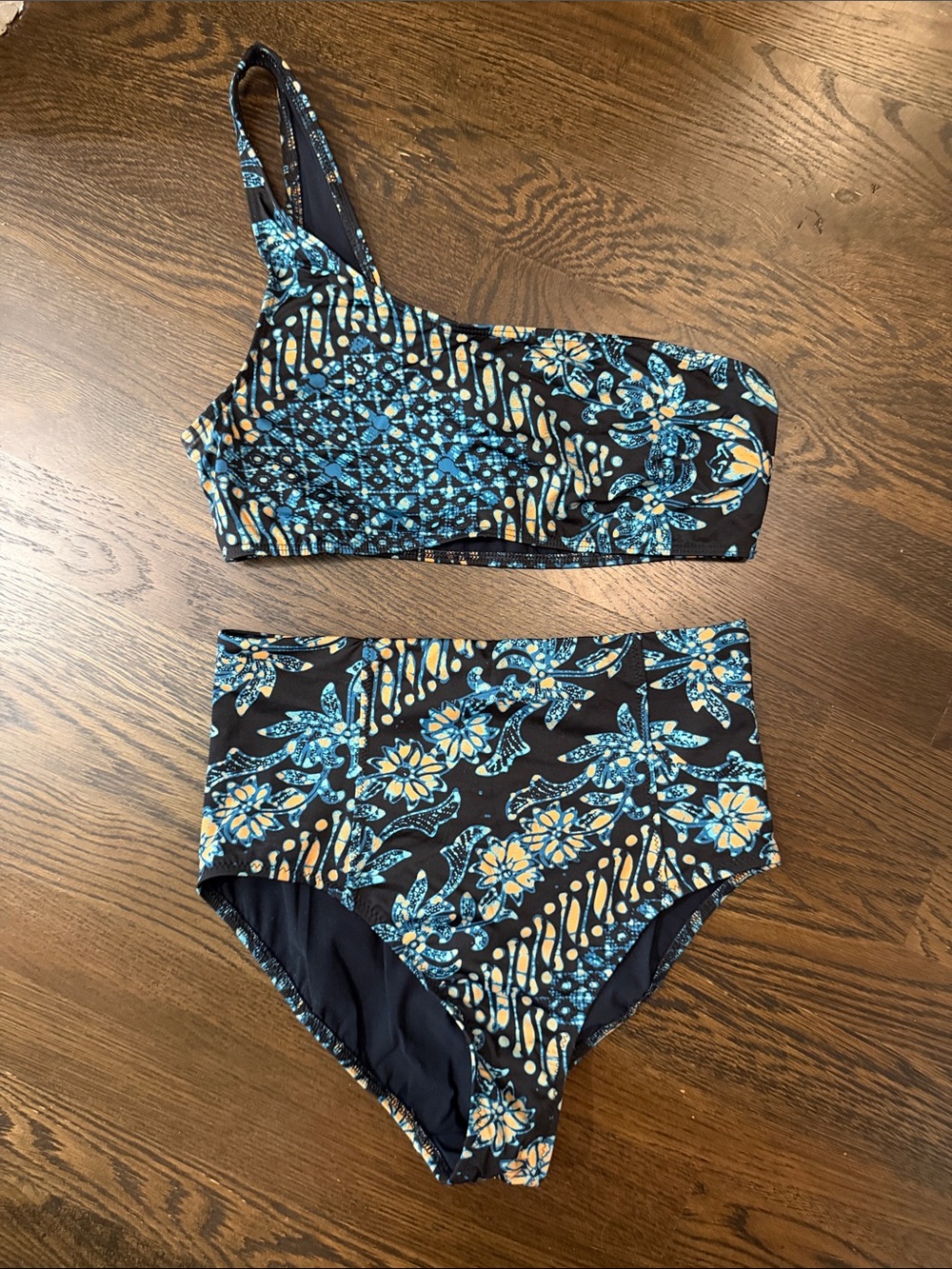 Ulla Johnson Black Floral One-Shoulder Bikini with Blue & Yellow Print
